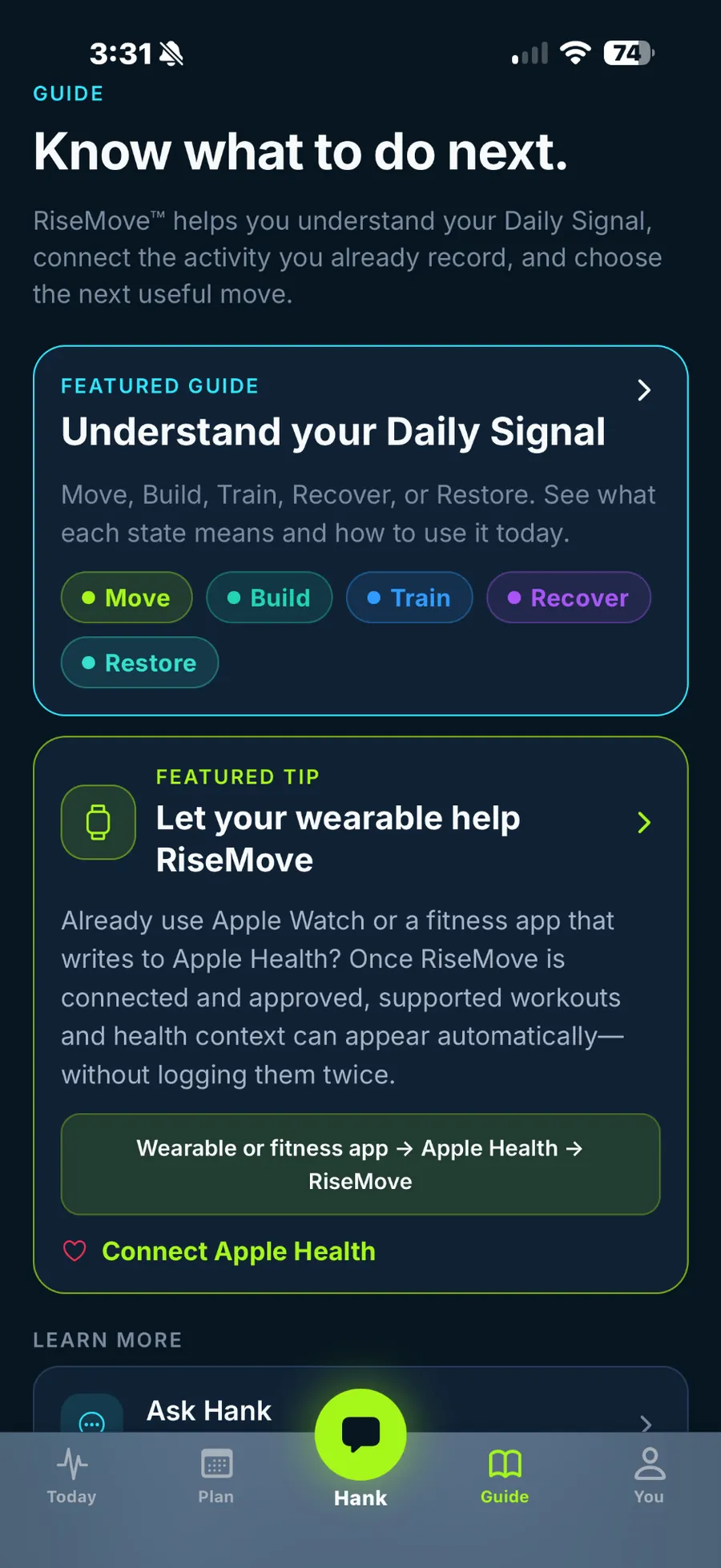 RiseMove Guide screen explaining the Daily Signal and Apple Health connection