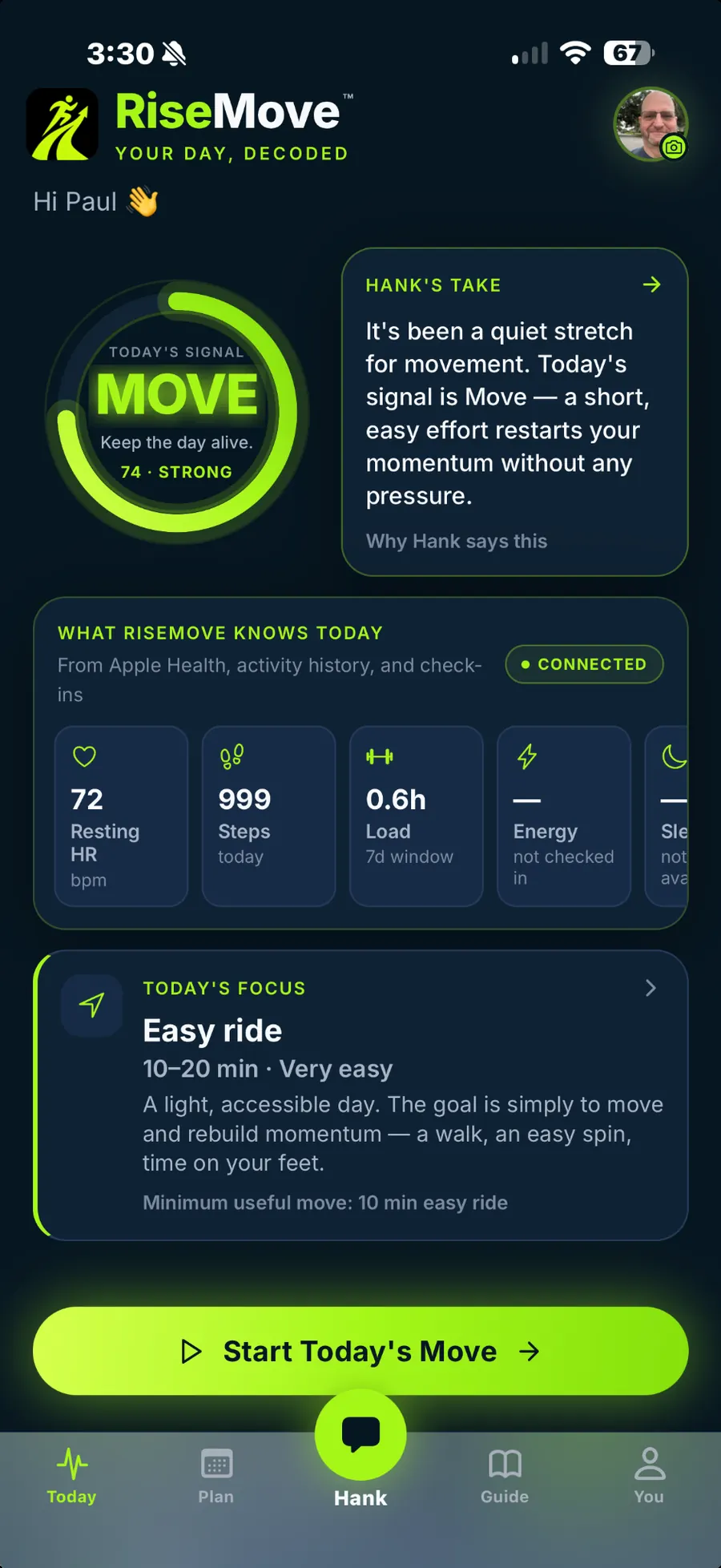 Current RiseMove Today screen showing a Move Daily Signal, Hank's explanation, connected context, and a very easy 10 to 20 minute ride