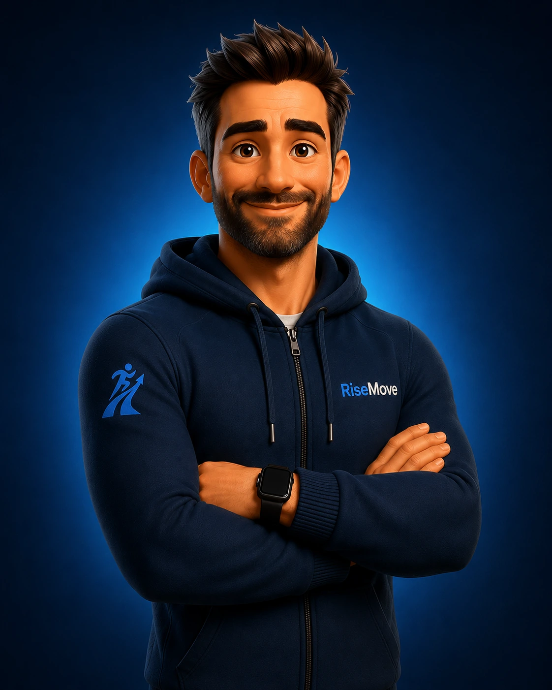 Hank, RiseMove’s AI movement coach, wearing his navy RiseMove hoodie