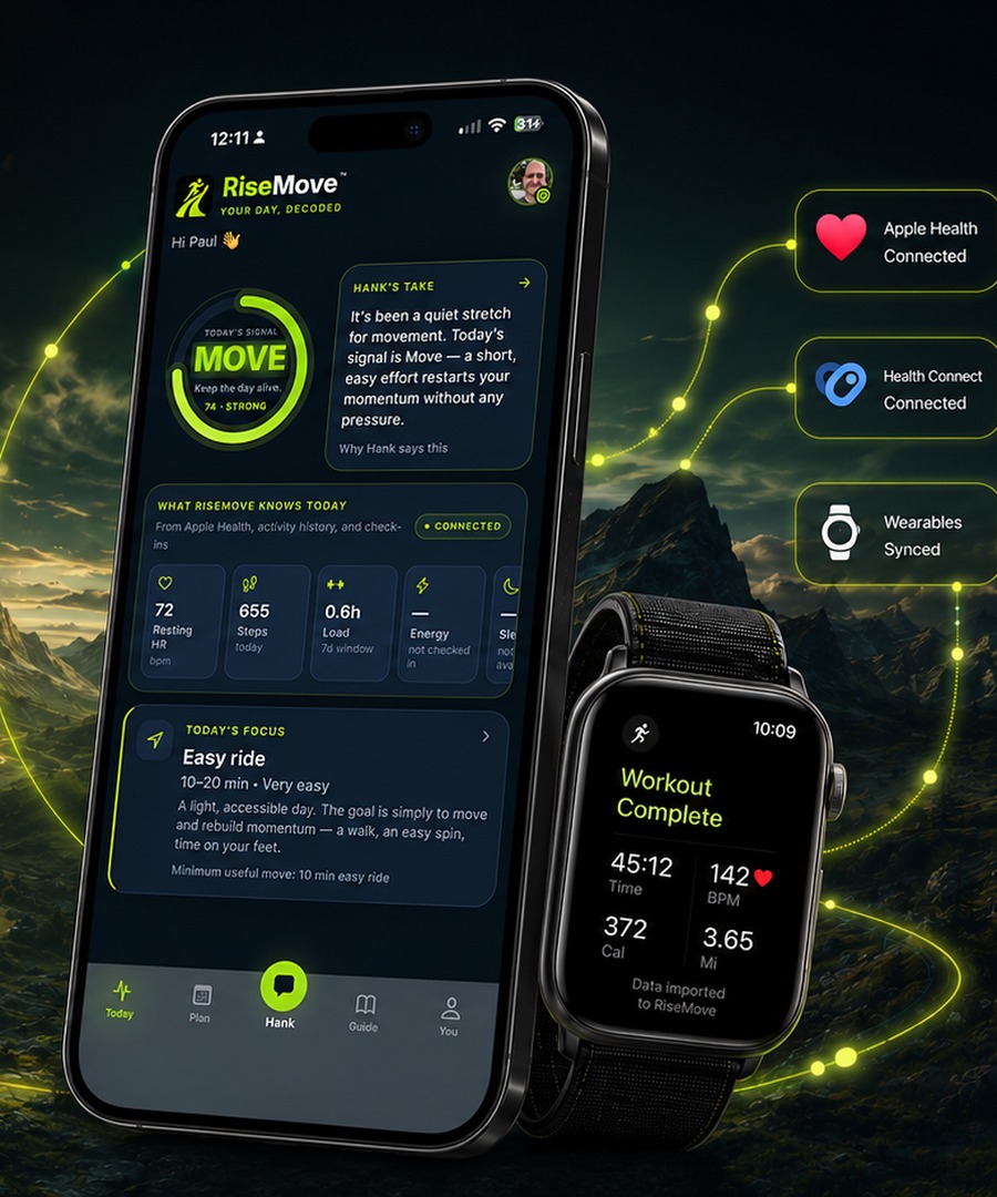RiseMove iPhone screen showing the Daily Signal beside connected Apple Health, Health Connect, and imported workout stats from a wearable