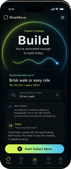 RiseMove app screen mockup